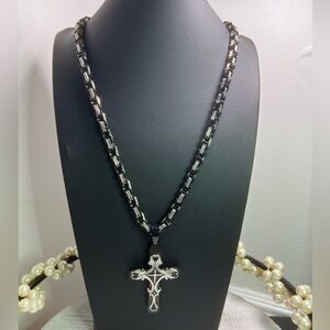 Spicyice Black & Silver Byzantine 6mm Chain w/Tribal Cross Pendant 30” D17
